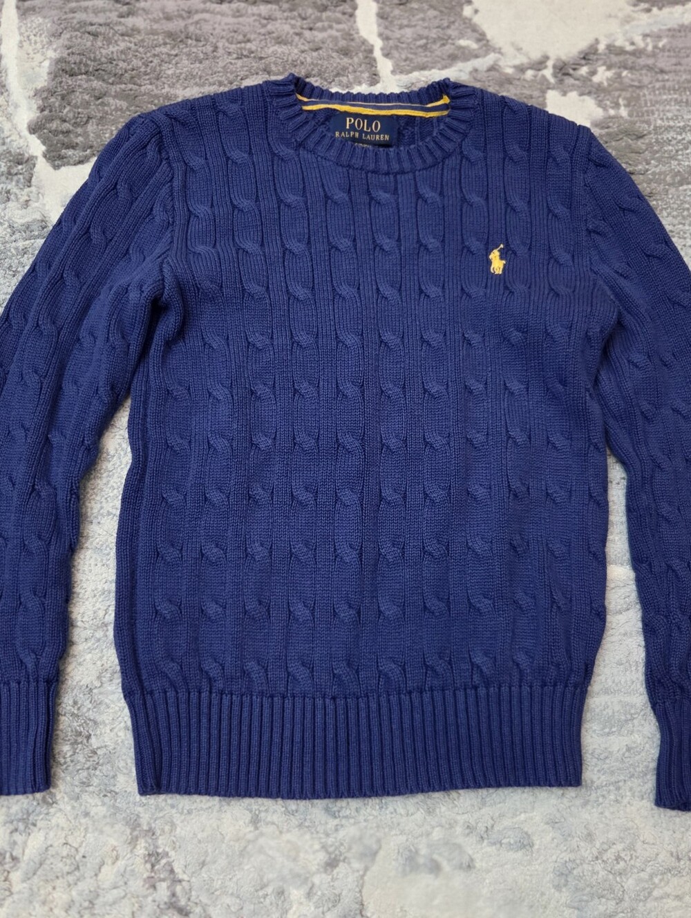 Polo by Ralph Lauren Navy Cable Knit Crewneck with Yellow Logo